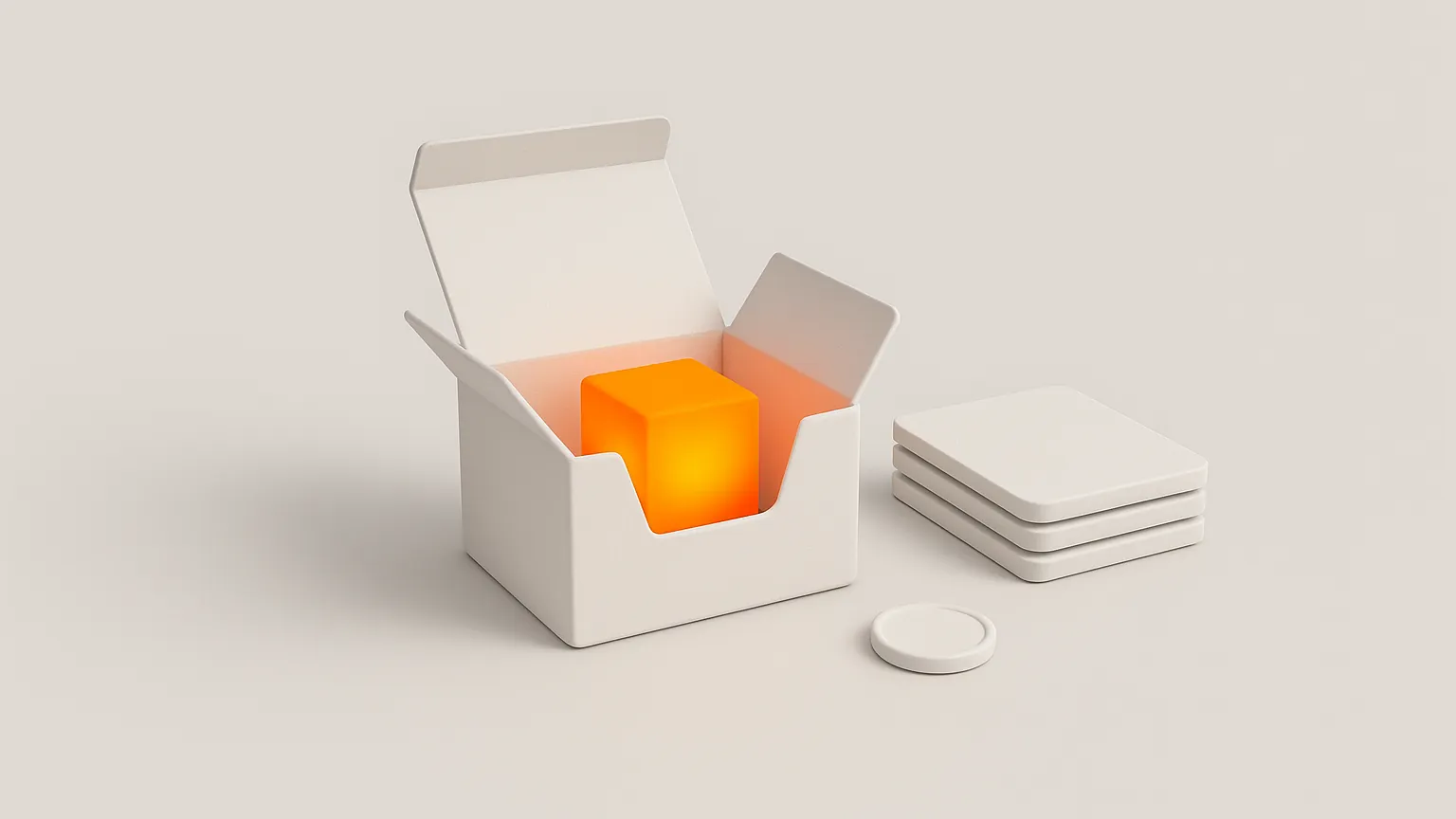 A small open box with a glowing orange cube inside next to a stack of white cards