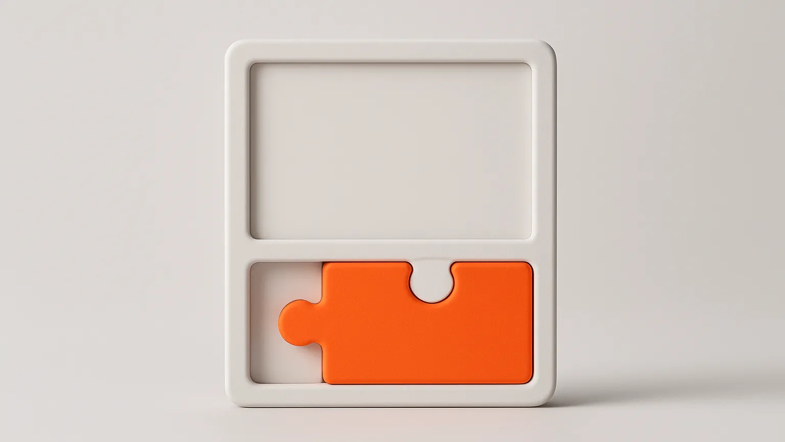 A white frame like a blank web page with an orange puzzle piece slotted into it