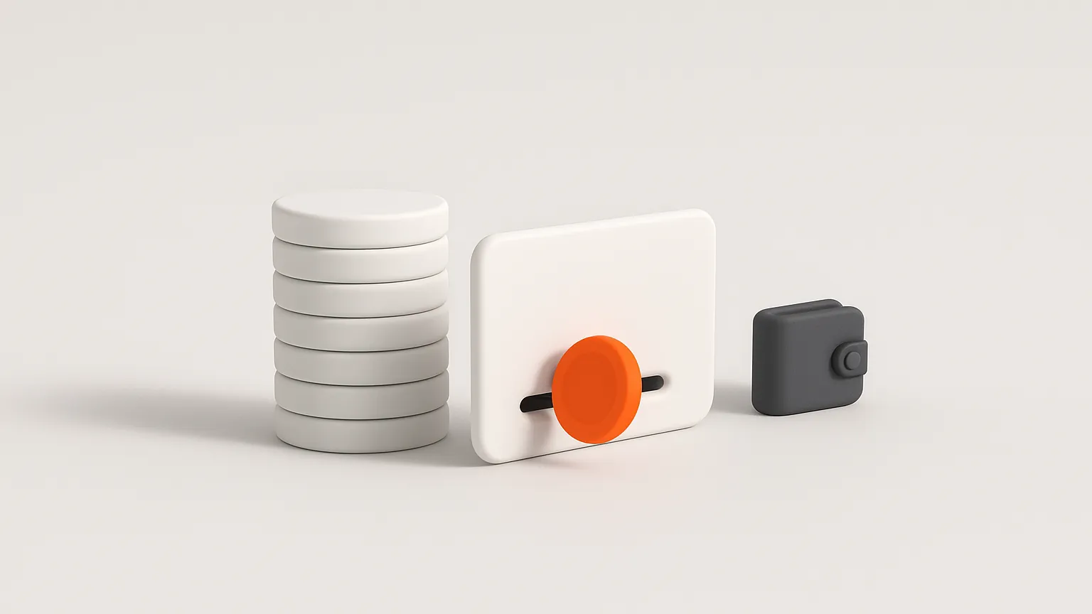 A stack of white coins beside a white card with an orange coin and a small grey wallet