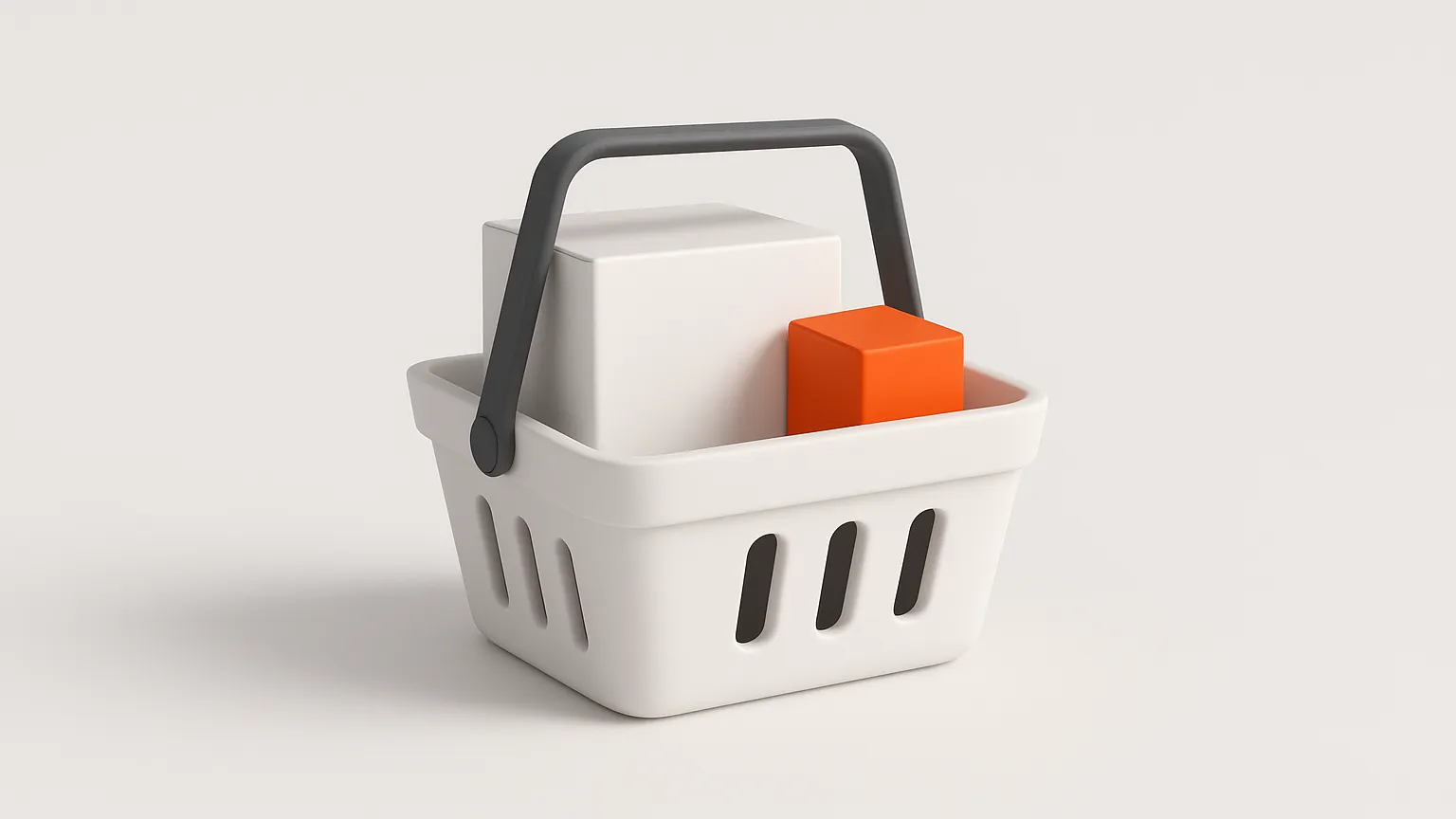A white basket holding a white box with a small orange box nudged in beside it