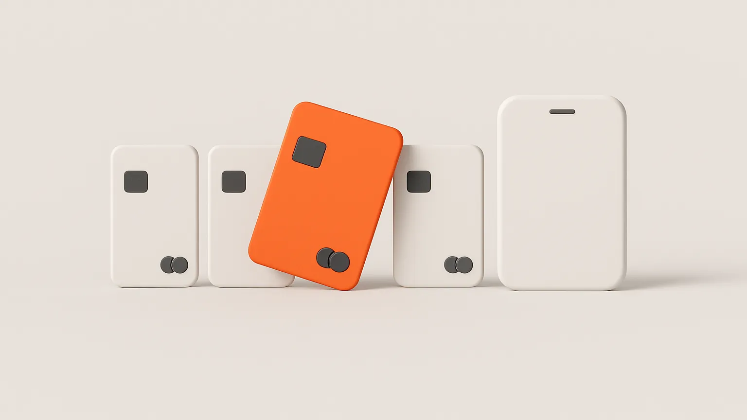 A neat row of small white payment cards and a phone shape with one orange card raised