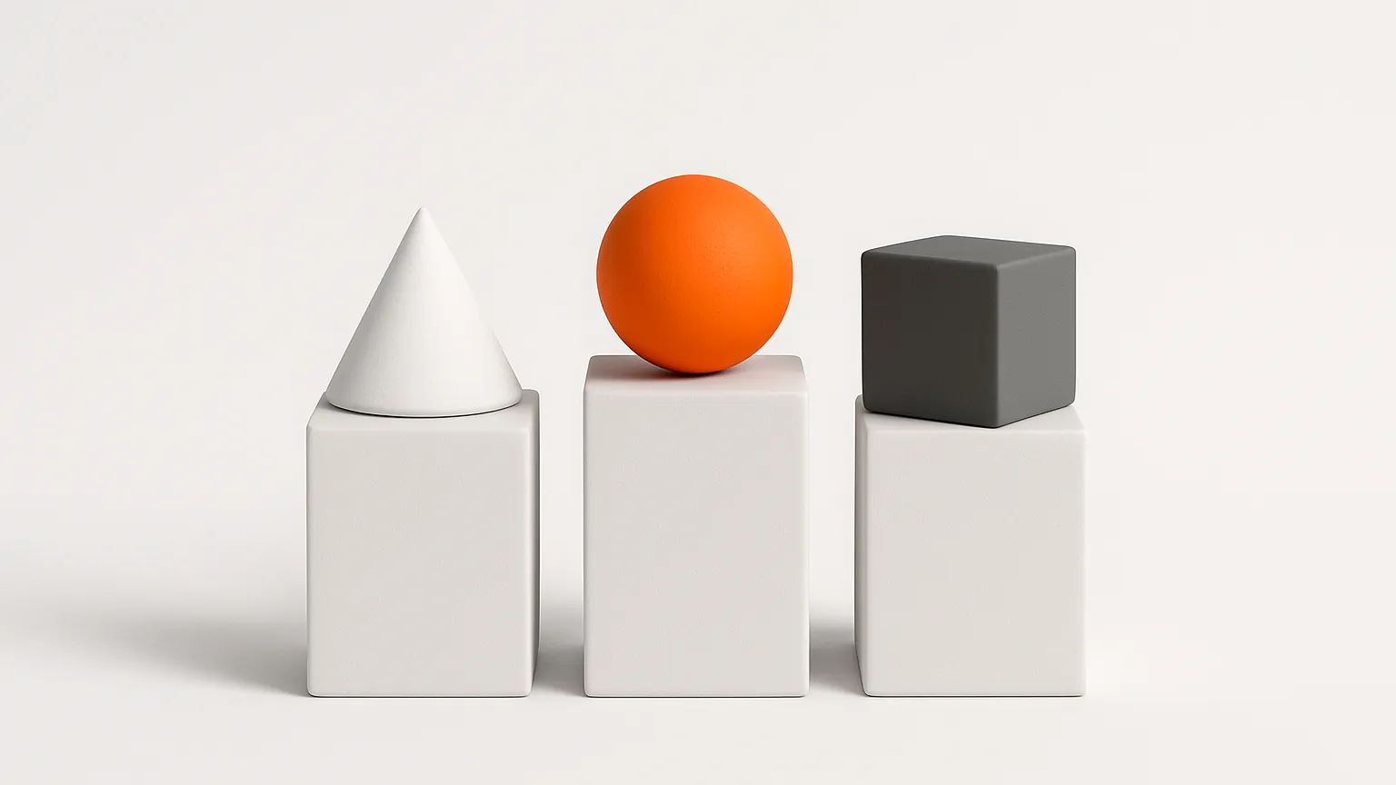Three white pedestals holding a cone, an orange sphere and a grey cube